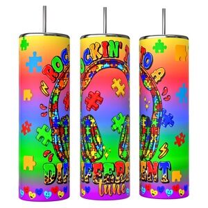 Autism ROCKING TO A DIFFERENT TUNE 20oz SUBLIMATED STAINLESS STEEL TUMBLER